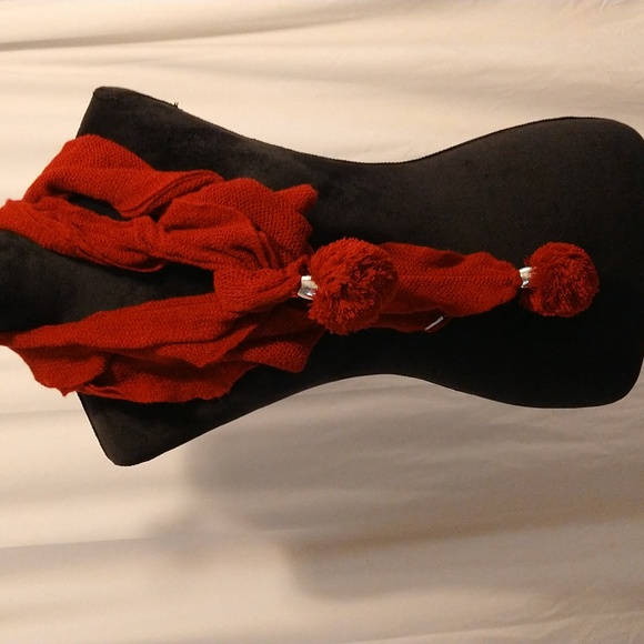 Ruby red knit scarf with silver detail pom ball ends - Picture 1 of 4